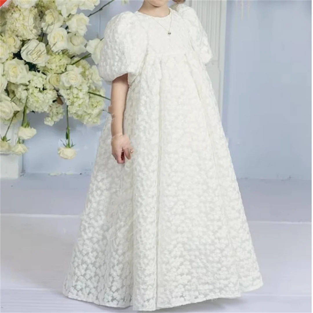 White Balloon Sleeve Flower Girl Dresses for Wedding Hollow Out Lace Long Princess Kids Pageant First Communion