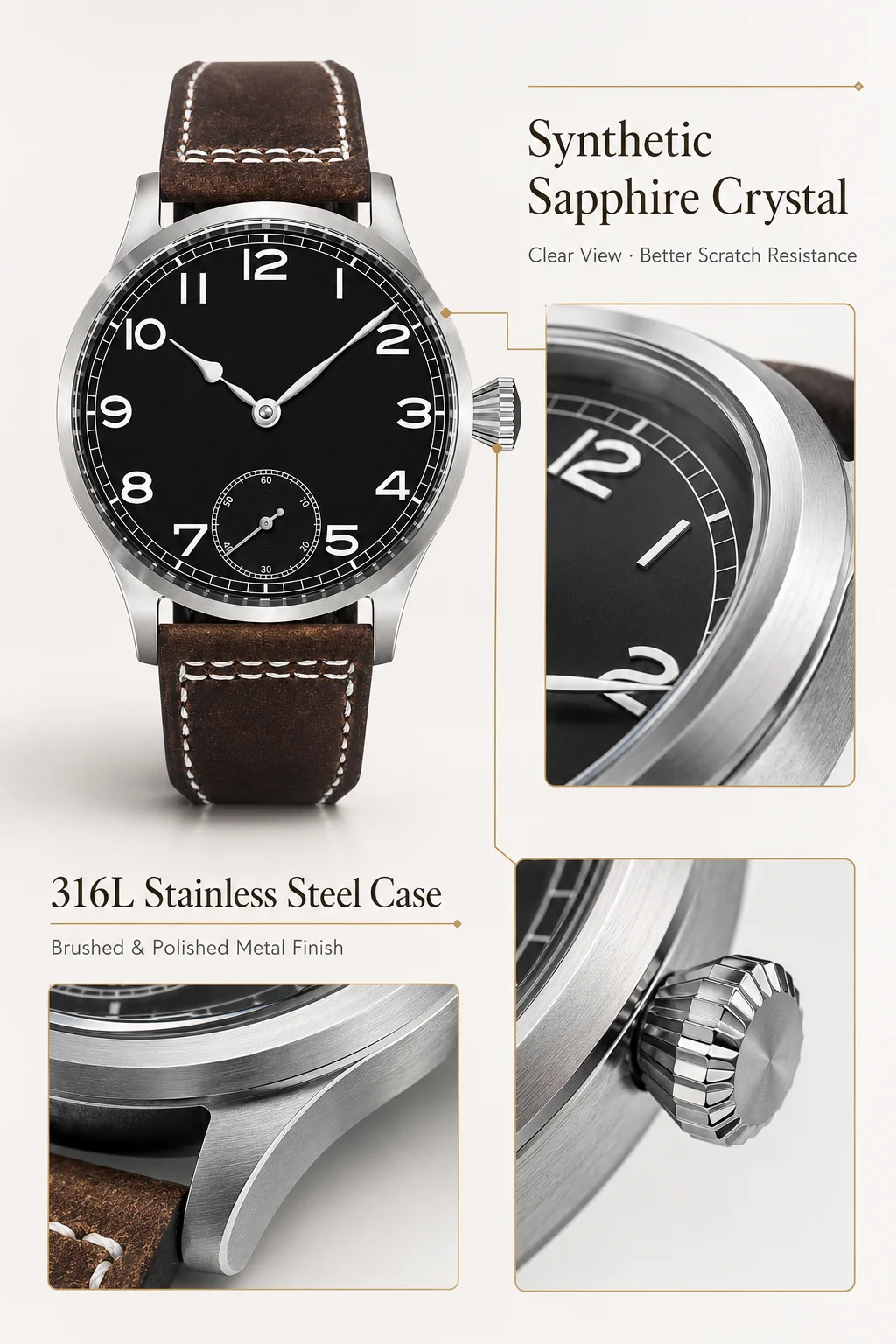 CORGEUT ST3621 Mechanische Handaufzugsuhr für Herren 42mm Saphirglas Vintage Pilotenuhr 316L Stahl Lederarmband Kleine Sekunde – Detail 6