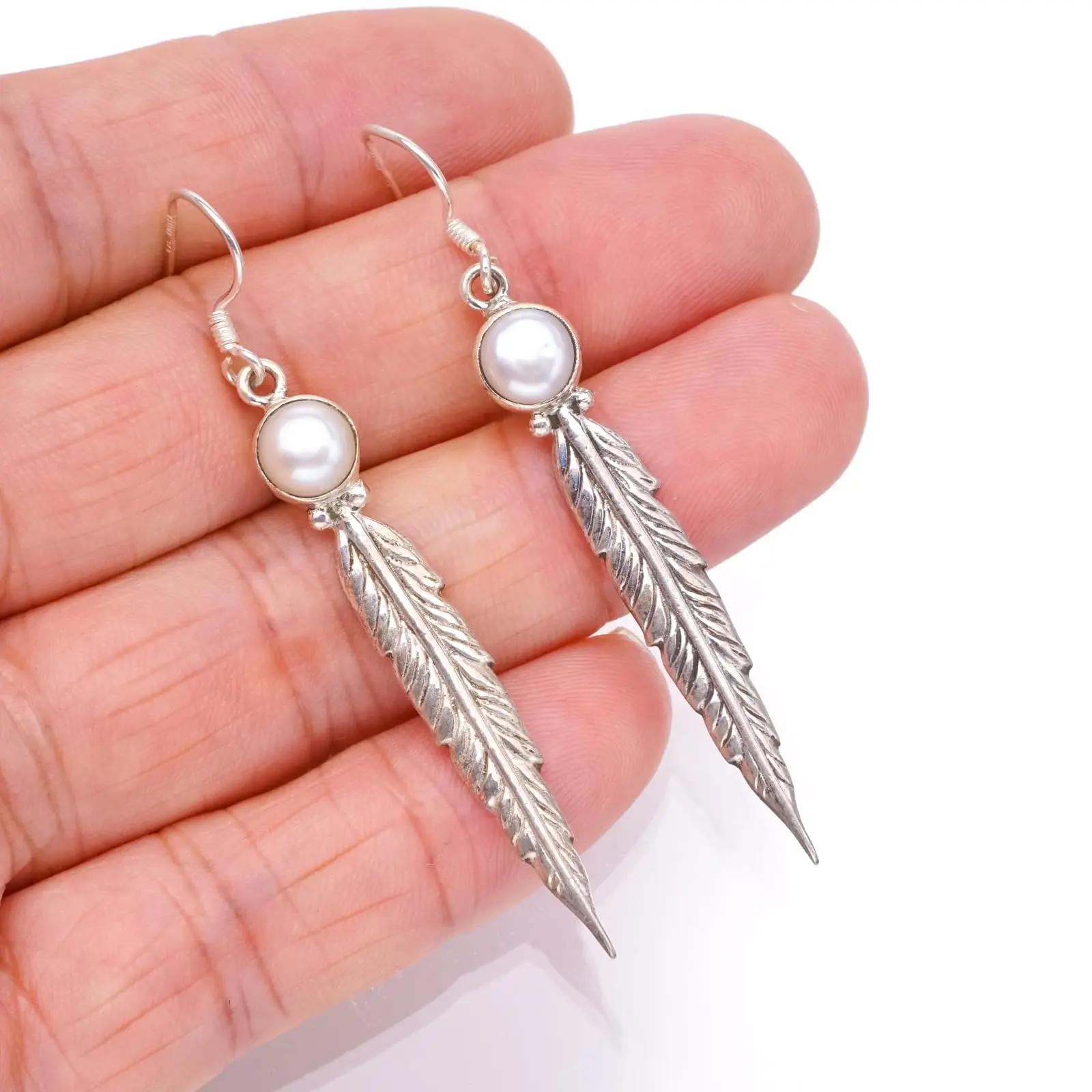 

StarGems® Natural River Pearl Punk Style Feather Shape 925 Sterling Silver Earrings 2 1/2" S1359