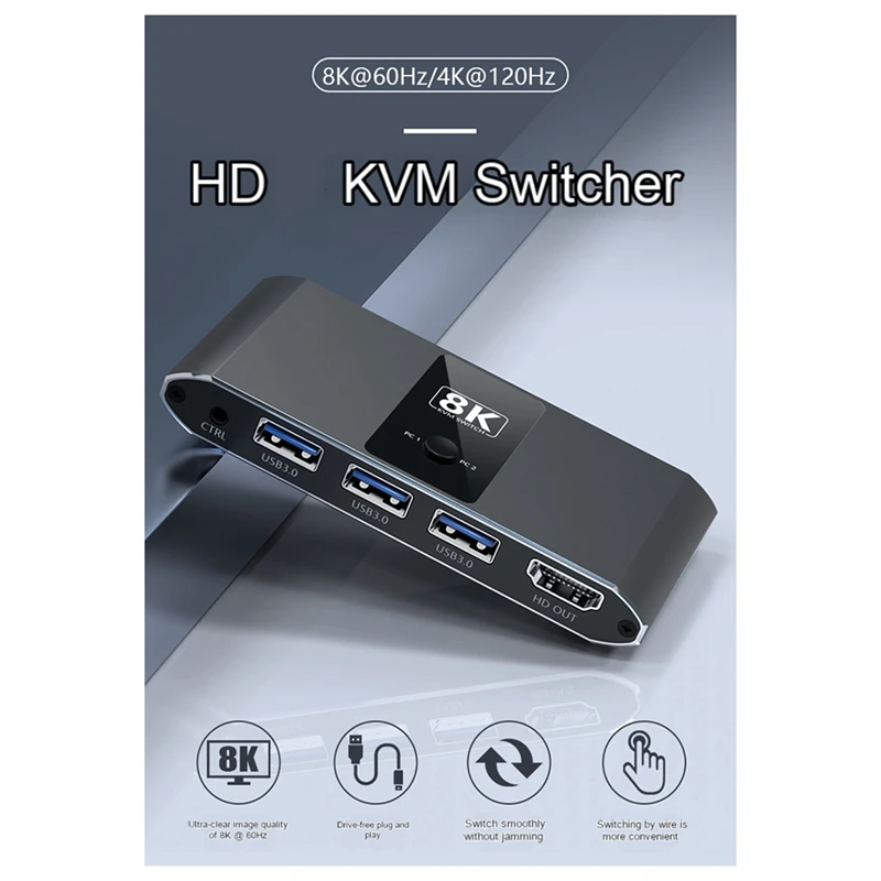 KVM Switch 8K Ultra-Clear Screen Switch 2-In And 1-Out -Compatible Switch 4K120hz Line Control Switch HD Durable Easy To Use