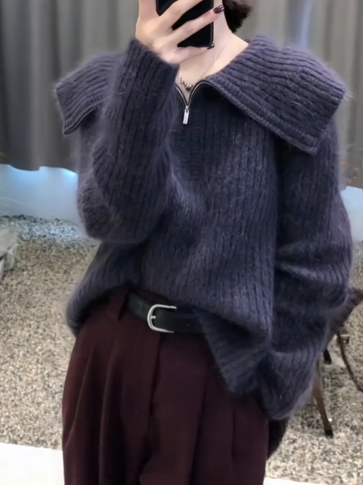 

Ретро-свитер с большим воротником на молнии, длинными рукавами, модный, для повседневной носки, женский, осенне-зимний, новый стиль