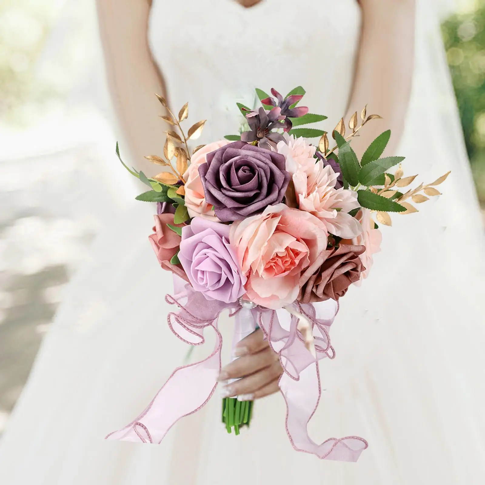 

29 см искусственные розы невесты свадебный букет элегантная декоративная лента с кисточкой