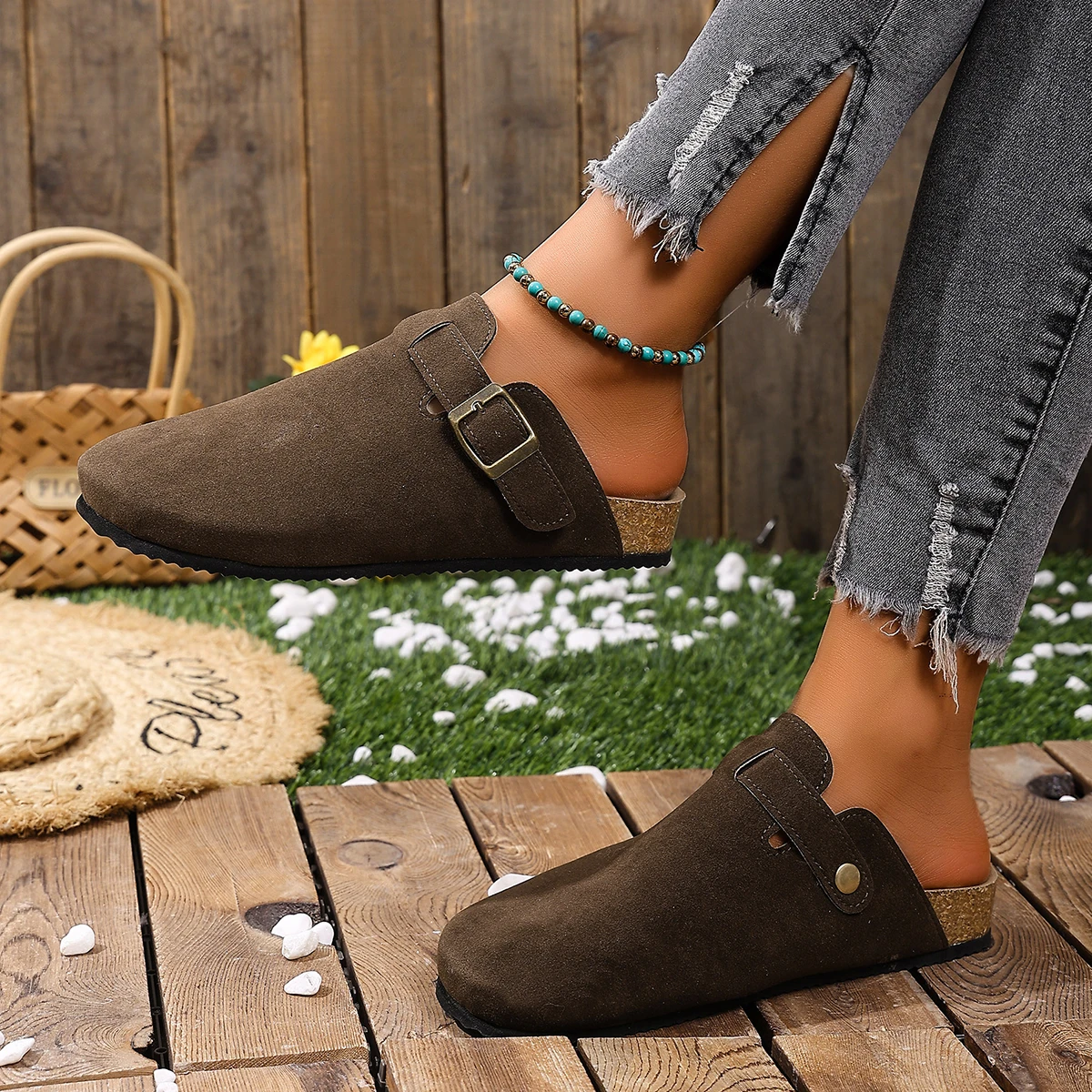 Korkfußbett-Clogs für Damen und Herren, modische Leder-Mules, bequeme Potato-Schuhe mit Fußgewölbestütze, flache Slides für drinnen und draußen – Detail 16