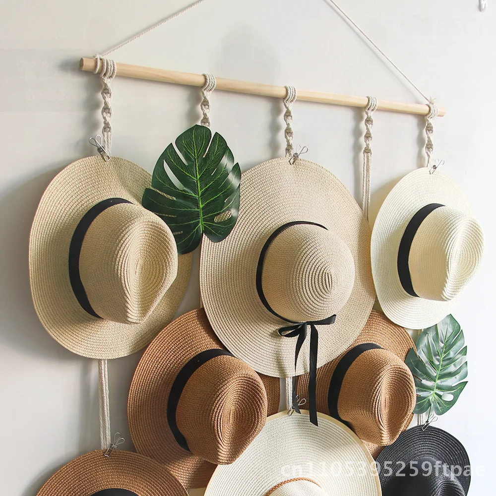 Nordic Style Hand-woven Cotton Tapestry Hat Rack Wall Hanger Pastoral Striped Design Hat Storage Decor for Living Room Bedroom