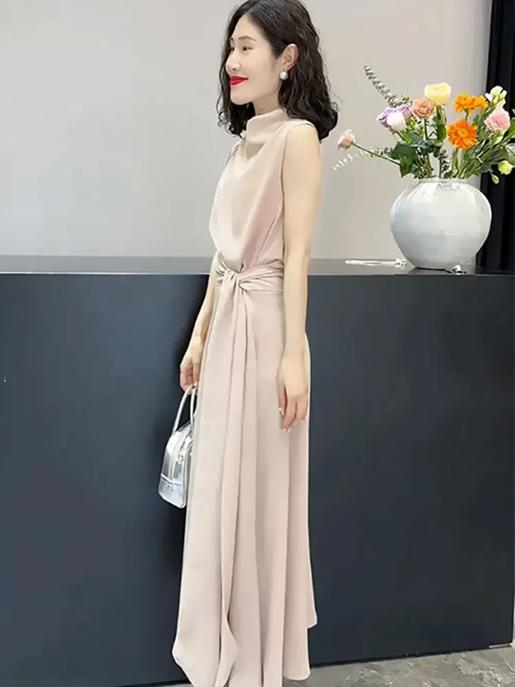 Summer Maxi Dress Women Elegant Bandage Party Gentle French Style Sleeveless Temperament Office Lady Classic Soft Vestidos Mujer