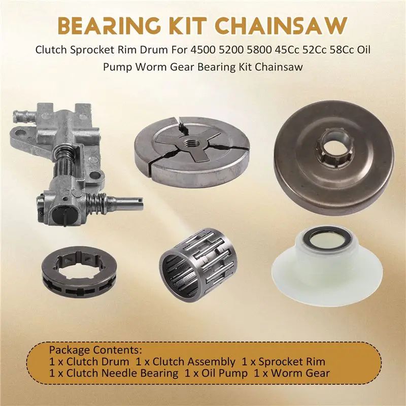 ABSJ-Clutch Sprocket Rim Drum For Chinese 4500 5200 5800 45Cc 52Cc 58Cc Oil Pump Worm Gear Bearing Kit Chainsaw