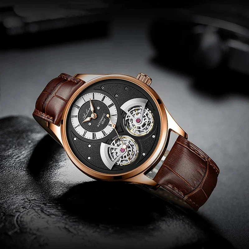 AILANG-8822C Men Luxury Automatic Mechanical Watch Dual Dial Roman Numerals Brown Leather Strap Busines Flywheel Hollow Skeleton