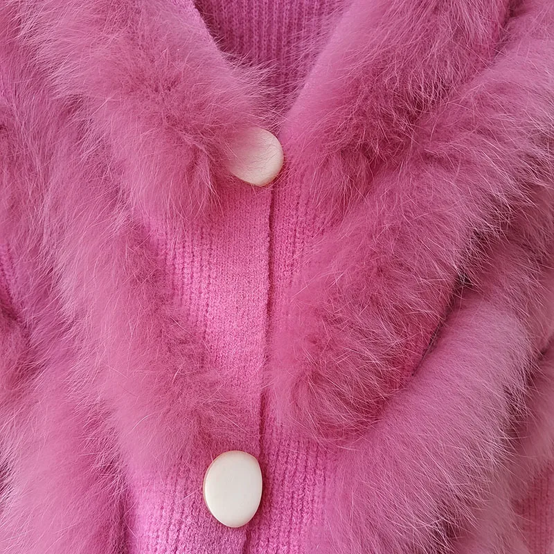 2025 Real Fox Fur Trim Cardigan With Button Long Sleeve Loose Women Fashion Knitted Open Stitch Sweater Female Winter Outwear