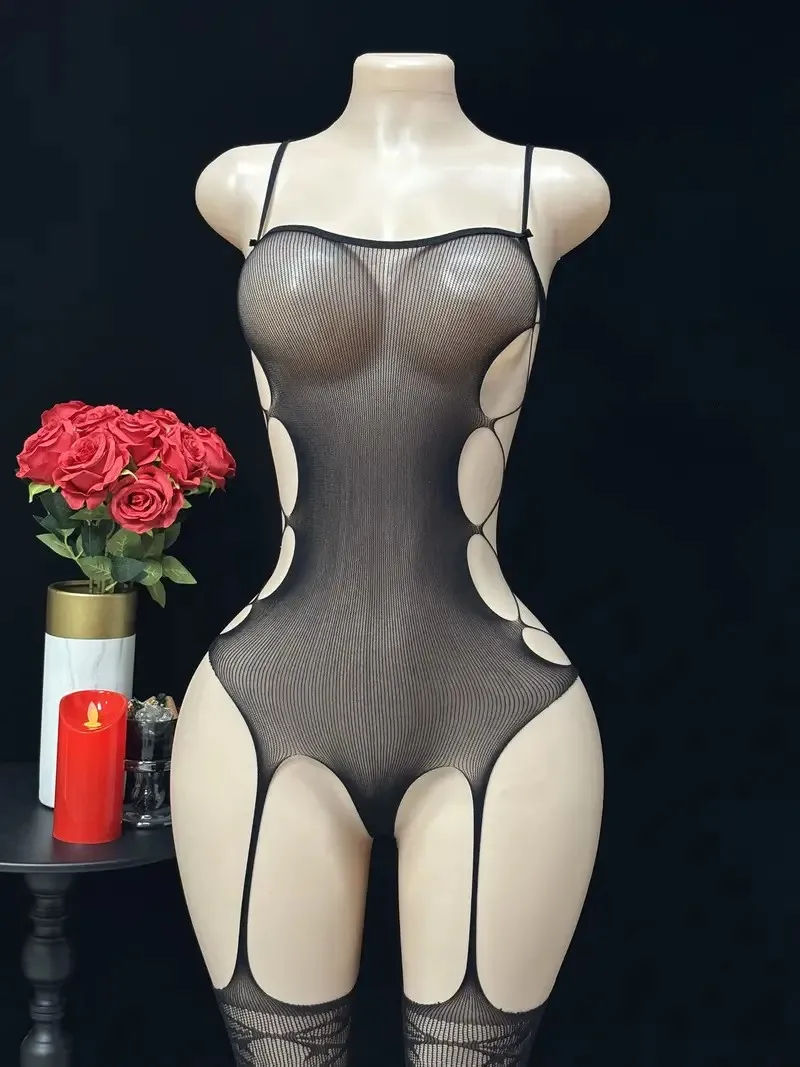Sexy Suspender Stockings Jumpsuit With Fishing Net Cutouts On Both Sides Pure Desire For Perspective Atmosphere And Fun Lingerie view 2