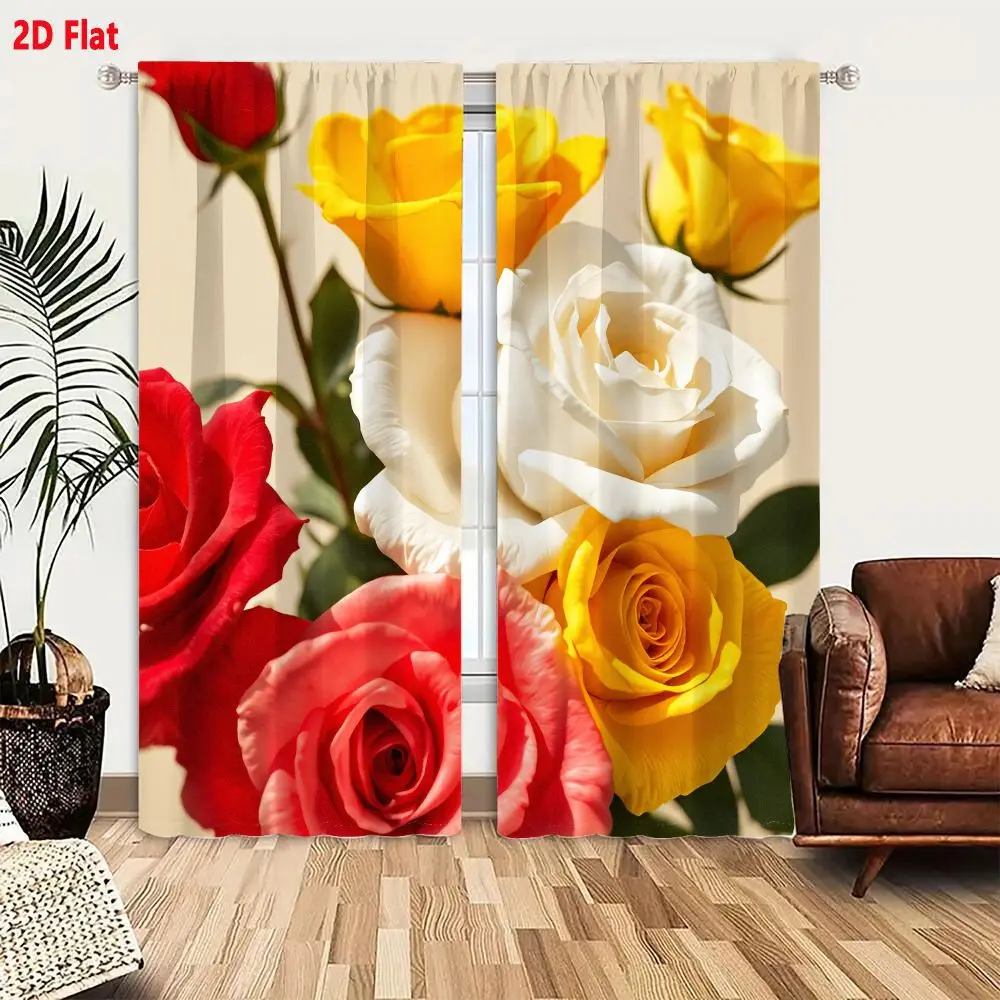 2Pcs Curtains 2D Flat Vibrant Roses Bouquet Deep Red Yellow White Coral Pink Lush Blooms Elegant Romantic Decor Window Drapes fo