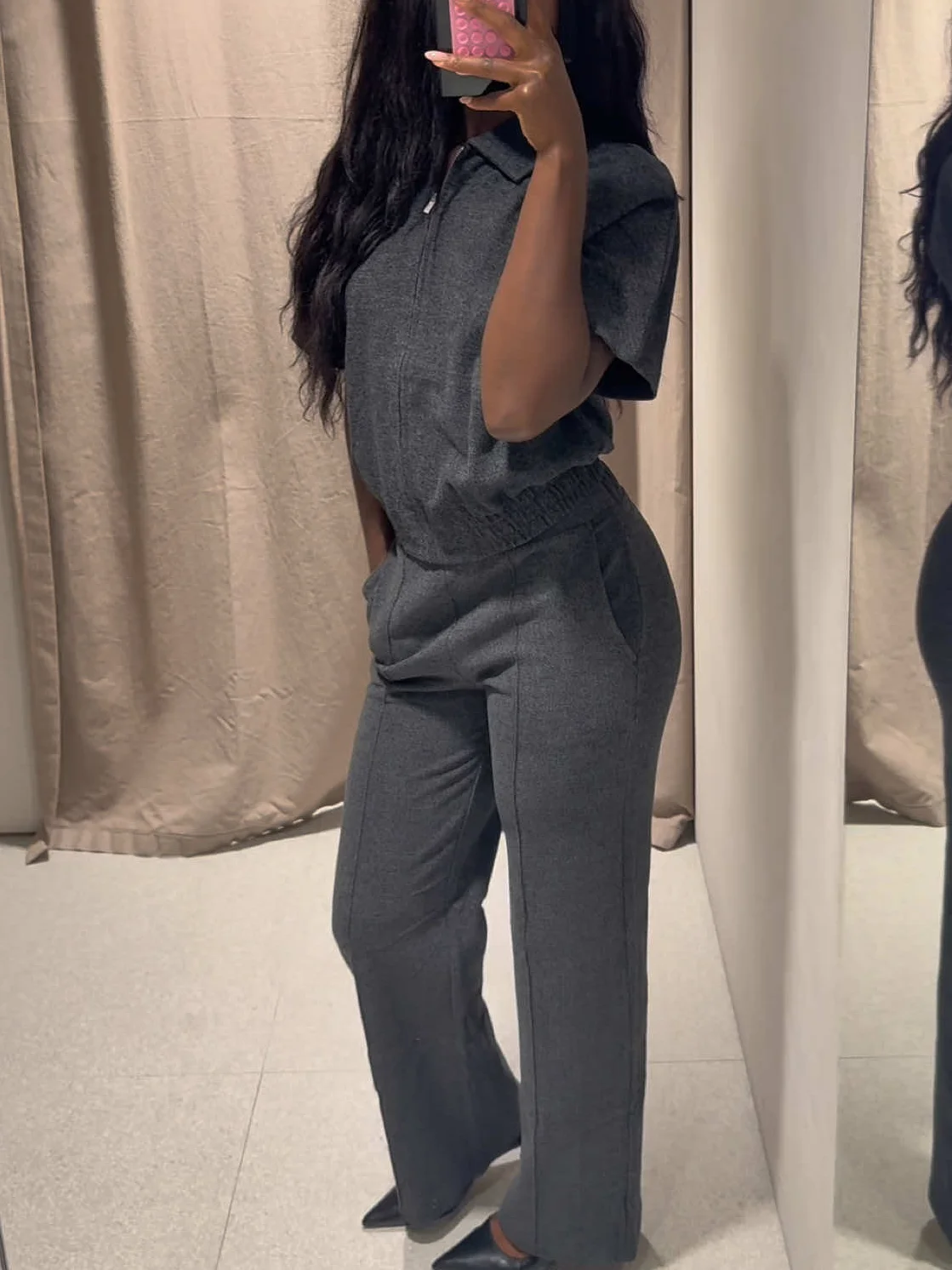 Women Fashion Lapel Zipper Loose Short Sleeve Vest+Autumn High Waisted Elastic Waist Pockets Wide-leg Pants 2-Piece Set