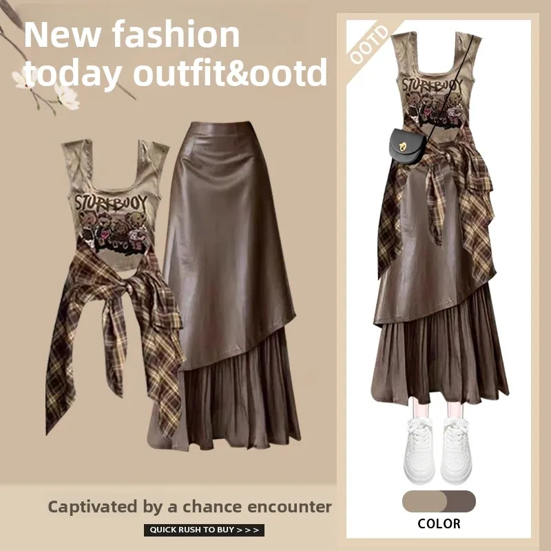 

Spring Fashionable Women's Three-Piece Set Shirt Top Strap Vest Slimming Skirt Ensemble Versatile Stylish Button-Up Polyester