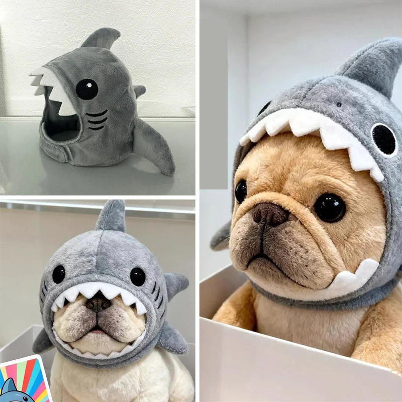 Gorro ajustable de felpa gris con forma de tiburón, gatos y perros, dibujos animados para mascotas, cálido, suave, para exteriores, interiores, fiesta en casa, sombrero de Cosplay, accesorios de ropa