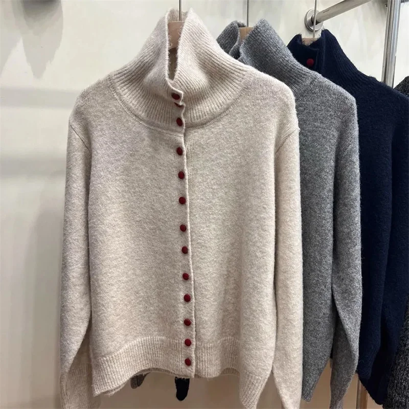 

New Style Single Breasted Knitted Cardigan Women's Autumn Winter High Neck Loose Casual Soft Glutinous Sweater Jacket Trendy