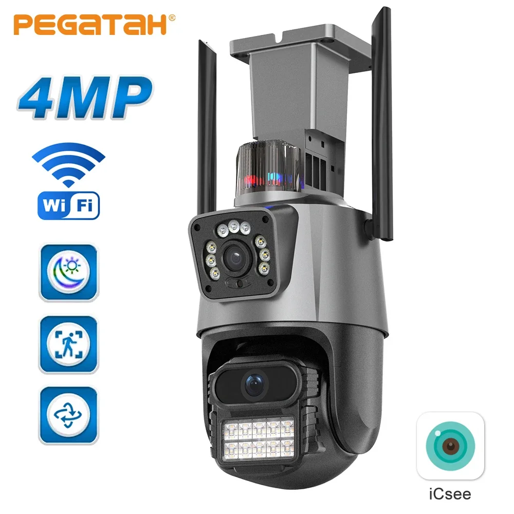 PEGATAH 8MP 4K Wifi Camera Dual Lens Security Protection Waterproof Security CCTV Video  Police Light Alarm Surveillance Camera