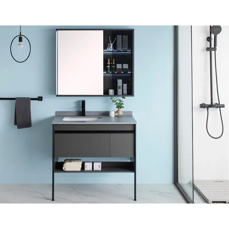 modern luxury floating bathroom cabinet storage basin set 24 inch Melamine wood bathroom vanity with sink LED mirror