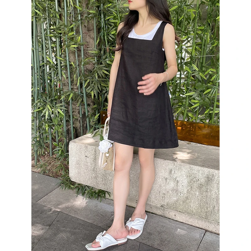 Cotton Linen Summer Dresses For Women 2023 Sleeveles Back Bandage Lace Black White Dress Chic Holiday Sundress Vestido