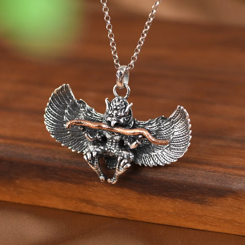 BOCAI S925 Silver Pendant Vintage Old Thai Silver Chain Pendant Hip Hop Chaoren Design Golden Winged Roc Bird Male