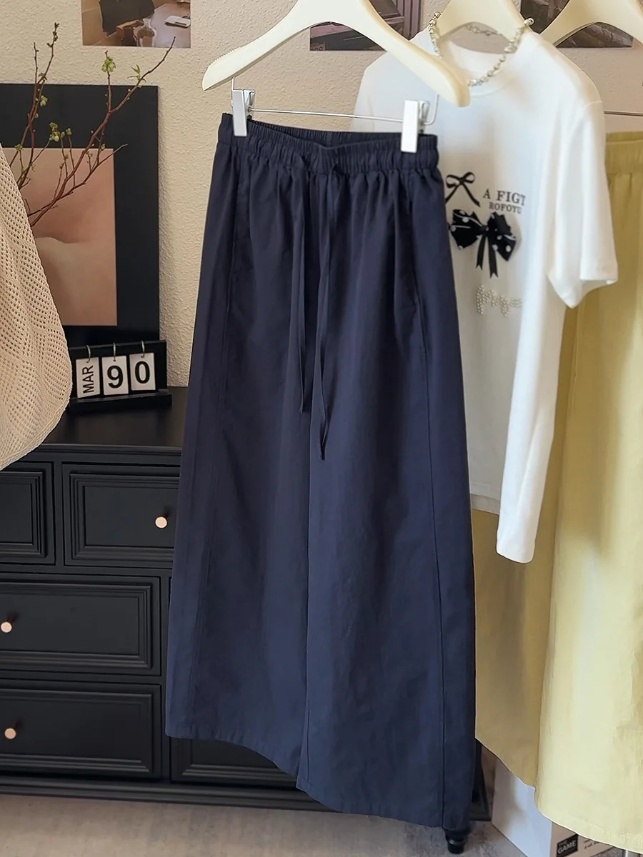

Korean Simple Fashion Women's Solid Drawstring Lace-up Wide-leg Casual Nine-point Pants Summer Loose Versatile Pleated Trousers