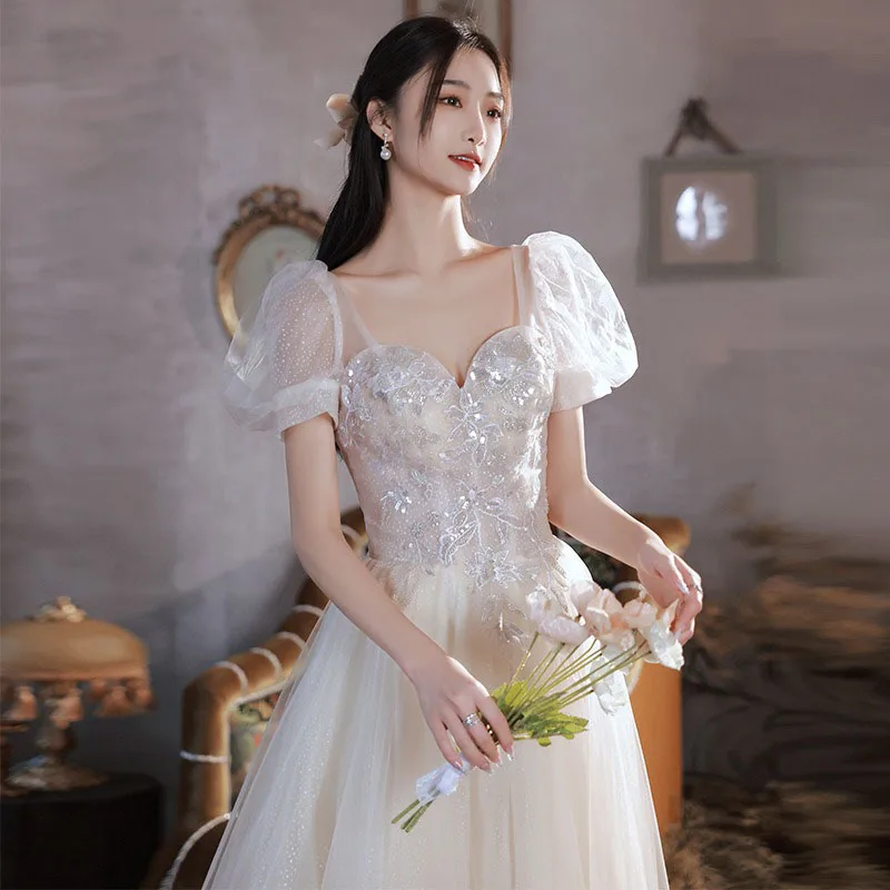 

2025Новое светлое вечернее платье цвета шампанского с сказочными рукавами-пузырьками, торжественное свадебное платье для взрослых для женщин, тонкая фигура