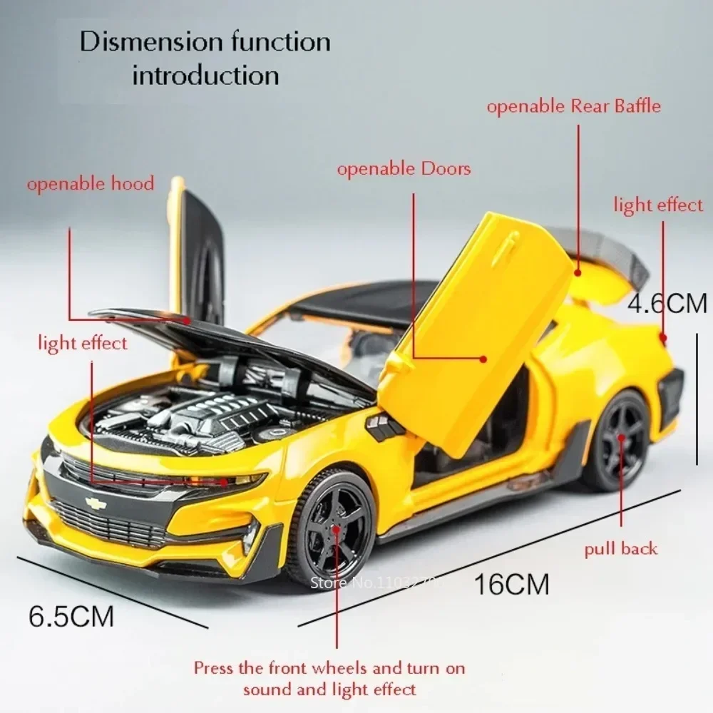 Scale 1/32 Camaro Toys Model Car Alloy Metal Diecast With 4 Door Opened Sound Light Pull Back Vehicle for Boy Gift Collection