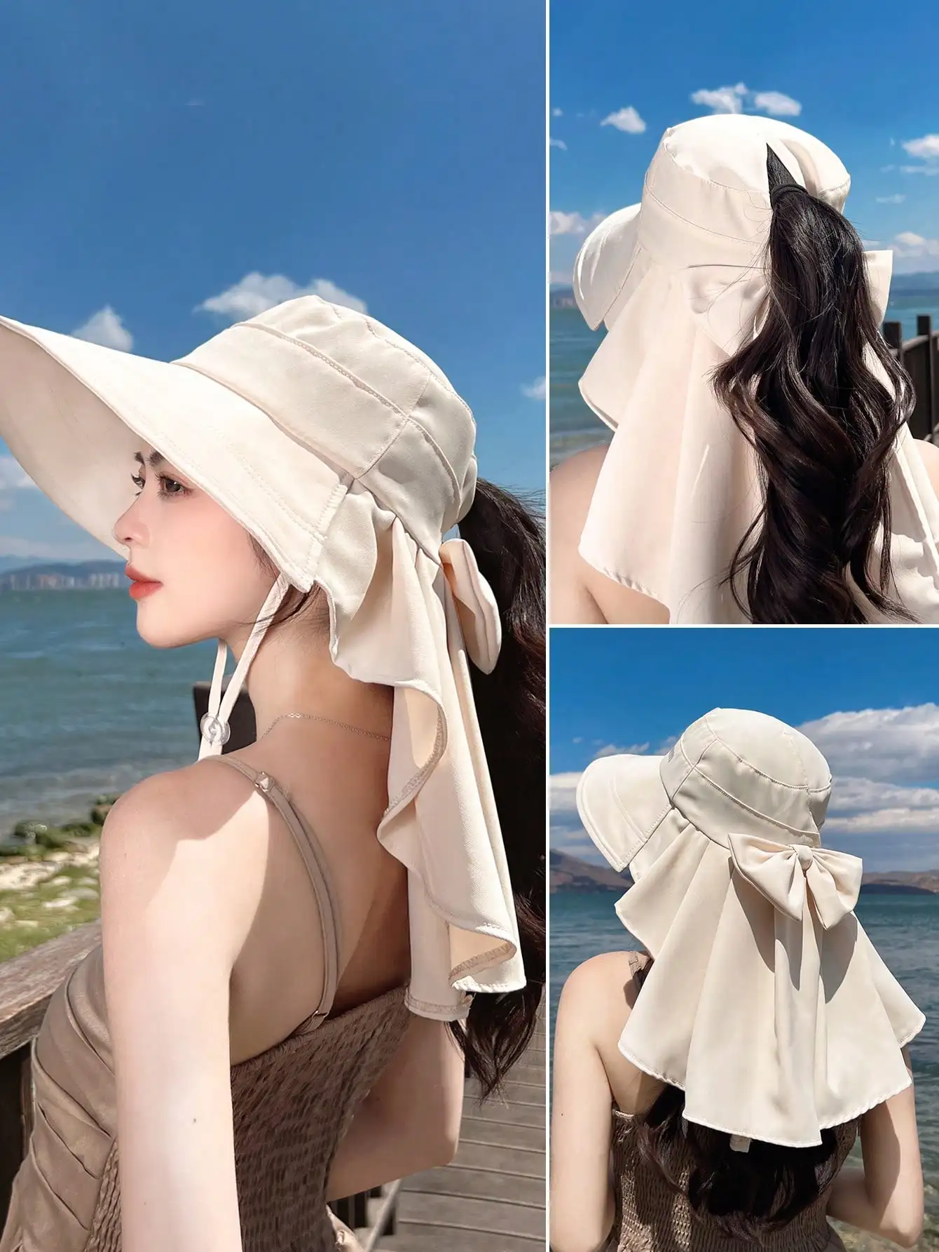 

1pc Women Wavy Brim Straw Sun Hat, Oversized Wide Brim UV Protection Foldable Beach Cap For Summer Travel