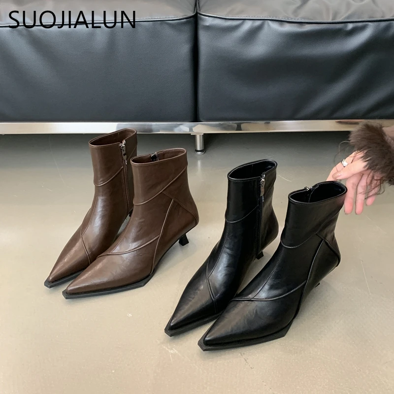 SUOJIALUN 2024 New Brand Women Short Boots Shoes Fashion Pointed Toe Ladies Elegant Ankle Boots Thin Med Heel Dress Pumps Shoes