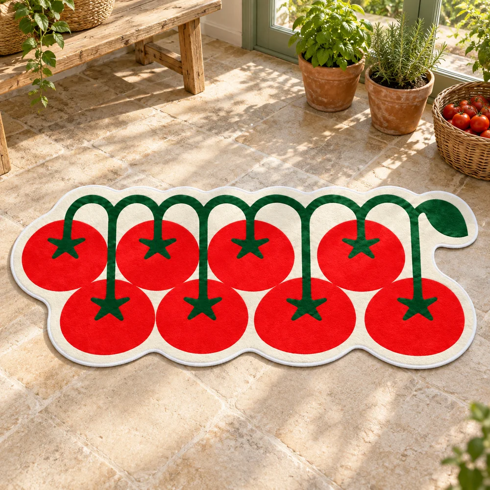 Red Tomato Vine Shaped Flannel Area Rug Fruits and Vegetables Floor Mat for Kitchen Dining Room Entryway Farmhouse Home Decor