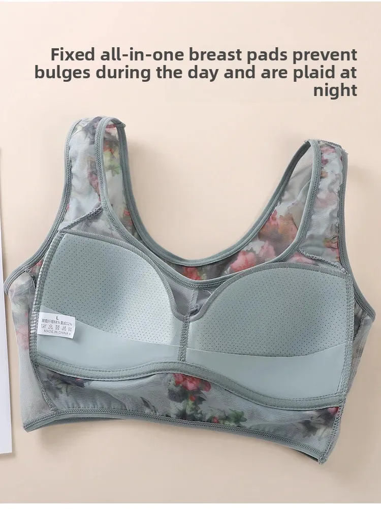 Sujetador de talla grande con copas fijas, inalámbrico, transpirable, fino, estilo chaleco de una pieza para personas de mediana edad y mayores.