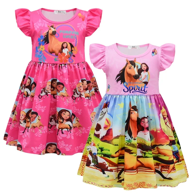 여아 스피릿 라이딩 프리 원피스, 승마 말 드레스, 거터 슬리브, 불규칙 원피스, 어린이 생일 파티 옷