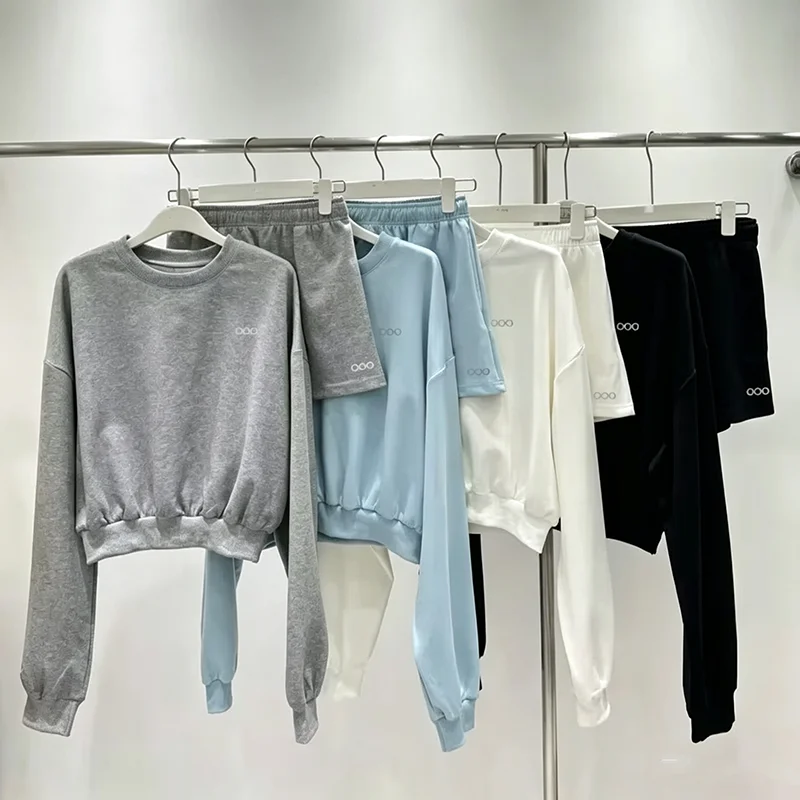 Sports Two Piece Set Pullover Sweater Crew Neck Letter Print Loose Shorts Early Spring