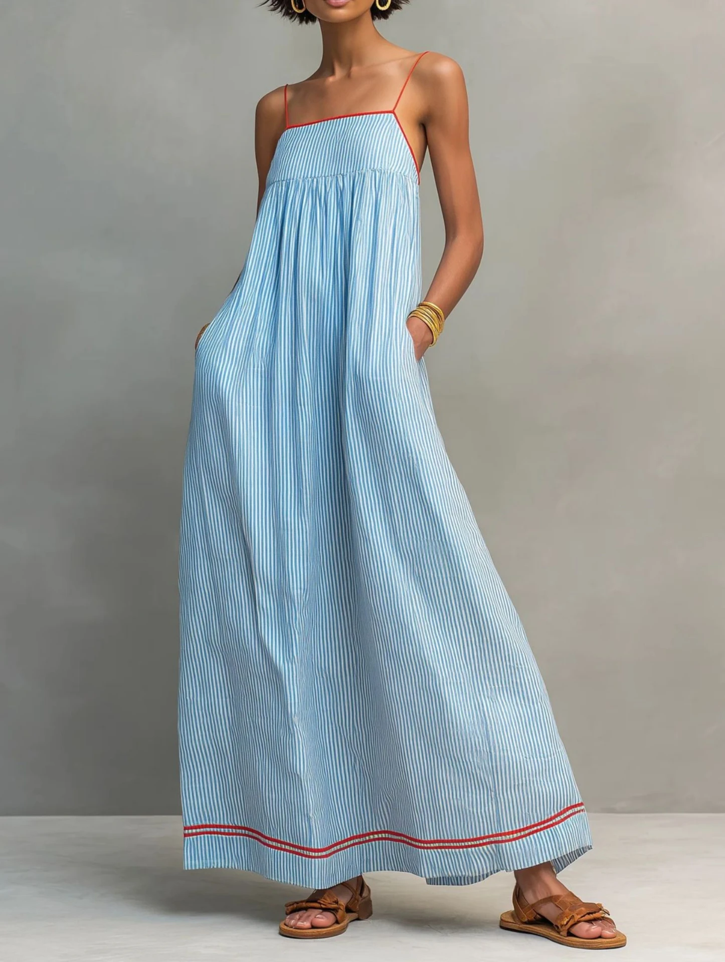 Damen Farbblock-Streifenkleid Rückenfreies Maxikleid Sommerkleidung Boho-Mode Rüschenbesatz Langes Kleid für Strand Vestidos Elegant