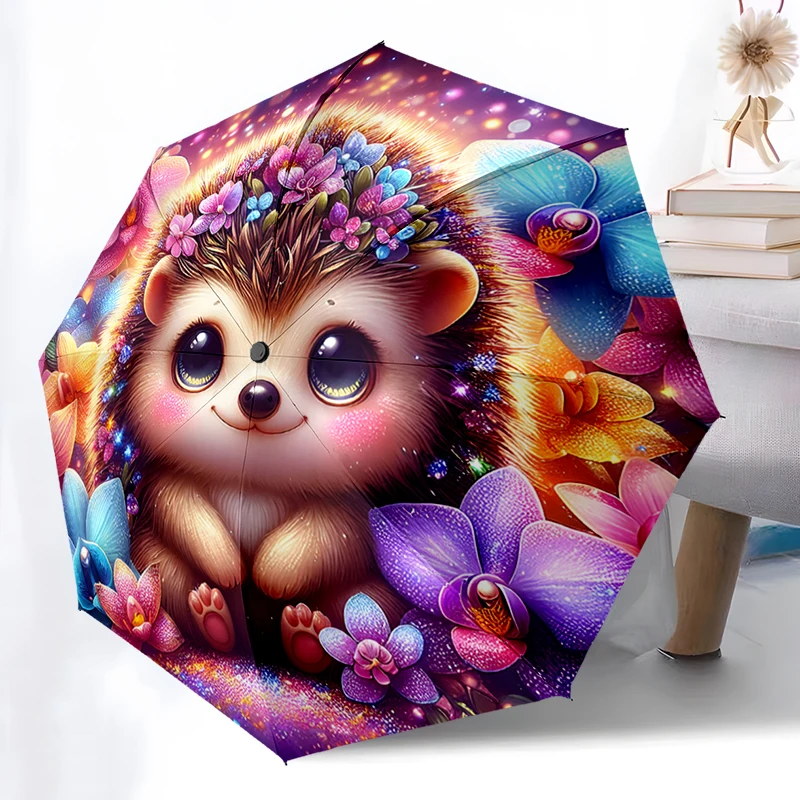 1PC Cute Cartoon Hedgehog Folding Umbrella Auto-Open Design 8 Iron Ribs Plastic Handle Foldable Sunshade Perfect Christmas Gifts