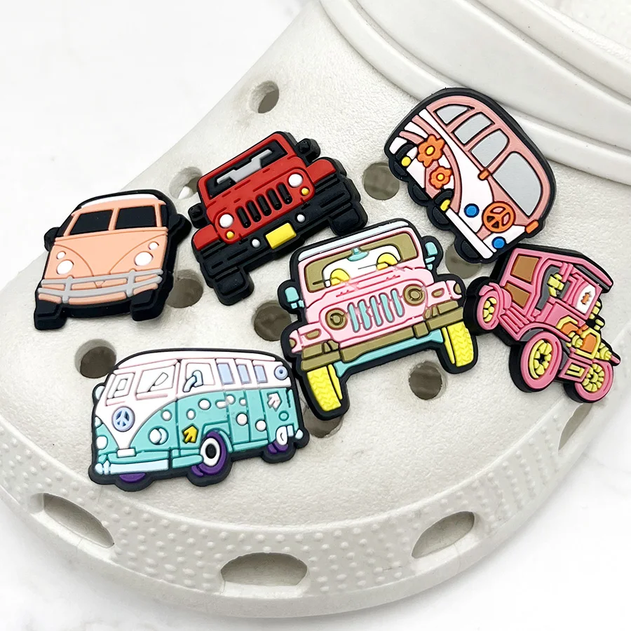 1Pcs Colorful Retro Bus PVC Shoe Charms Accessories Funny DIY Shoes Upper Pins Decoration Sandals Buckle Kid X-mas Party Gift