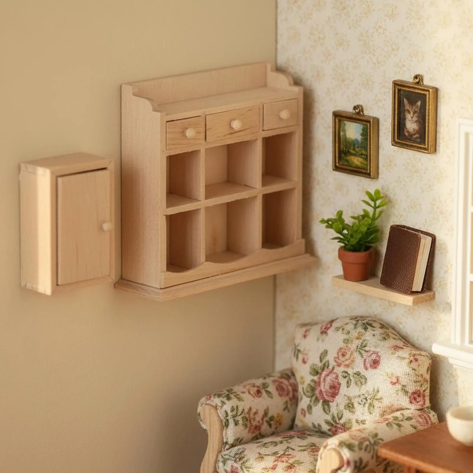 

Шкаф для кукольного домика в масштабе 1:12 с реалистичными деталями, настенный деревянный шкаф-купе с открывающимися дверцами для любителей рукоделия