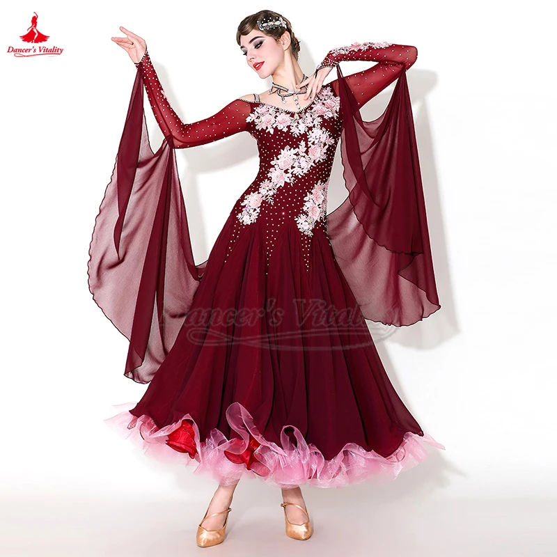 ผู้ใหญ่หญิงสังคมเต้นรํา AB หินแขนยาว Big Swing Waltz Foxtrot Quickstep มาตรฐานห้องบอลรูมการแข่งขันเสื้อผ้า