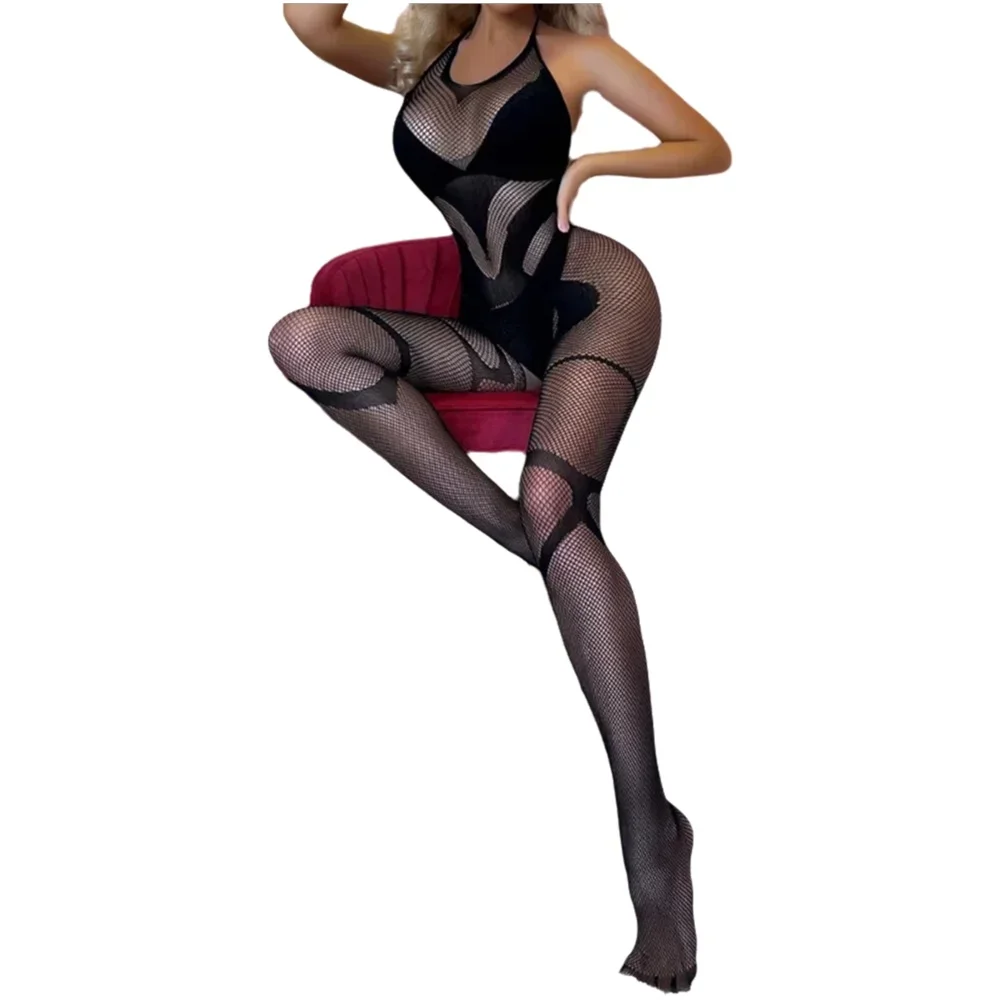 

Women Sexy Jumpsuit Lace Open Crotch See-Through Underwear Jacquard Mesh Halterneck Backless Pantyhose Stockings Bikinis