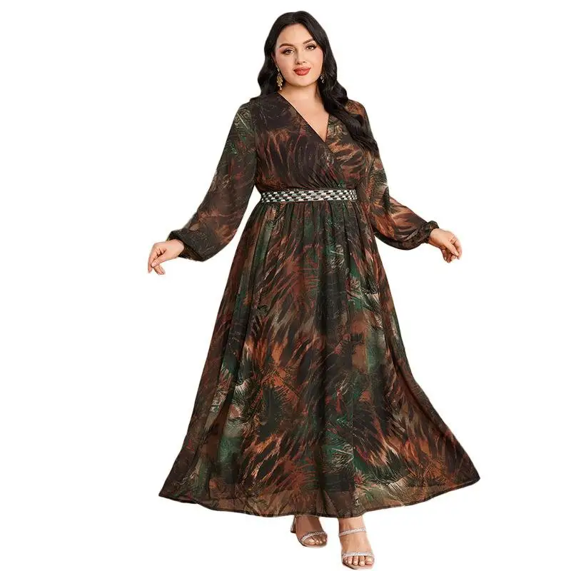 

Elegant V-Neck A-Line Dress DD23070 Cross-Border Women's Fashion Print Dress for Banquet Long Sleeve Lantern Sleeve Dress
