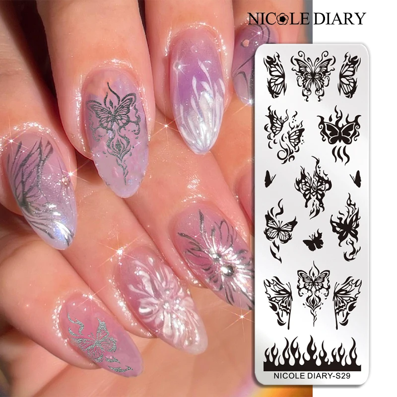 NICOLE DIARY motyl Nail Art płytka do stemplowania szablon do rysowania geometryczny wzór kwiatu lamparta szablon formy narzędzia do drukowania paznokci