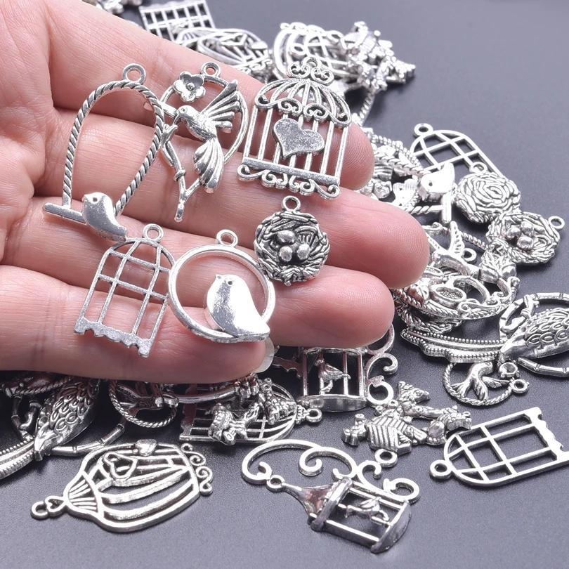 10/20/30/40Pcs Mix Styles Tibetan Silver Color Hollow Birdcage Charms кулон Cute Bird Magpie Pendant Making DIY Jewelry Finding