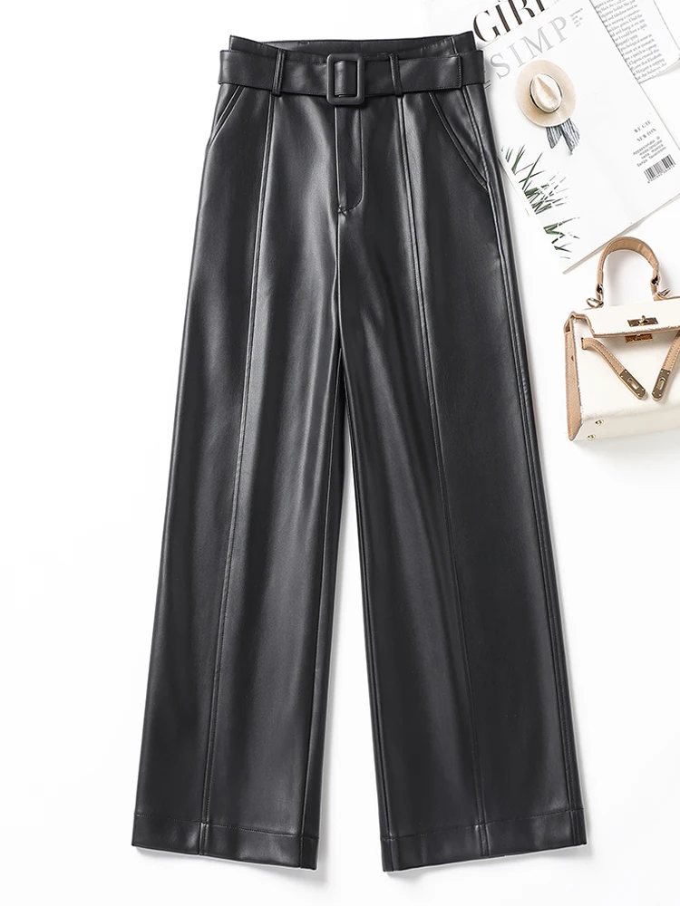 

Женские кожаные брюки с высокой талией, прямые, свободного кроя, на подкладке из овчины, широкие штанины, повседневные, для работы, в корейском стиле