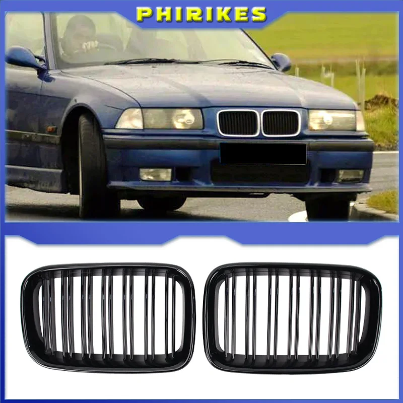 

2x автомобильные передние гоночные решетки с двойной линией для BMW E36 1992-1996, глянцевые черные верхние решетки с двумя планками