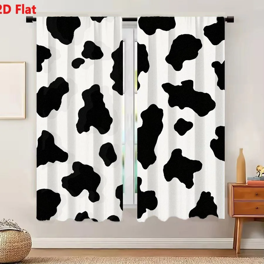 2Pcs Curtains 2D Flat Irregular Black Shapes On Off White Background Abstract Cow Print Camouflage Minimalist Graphic Design Win