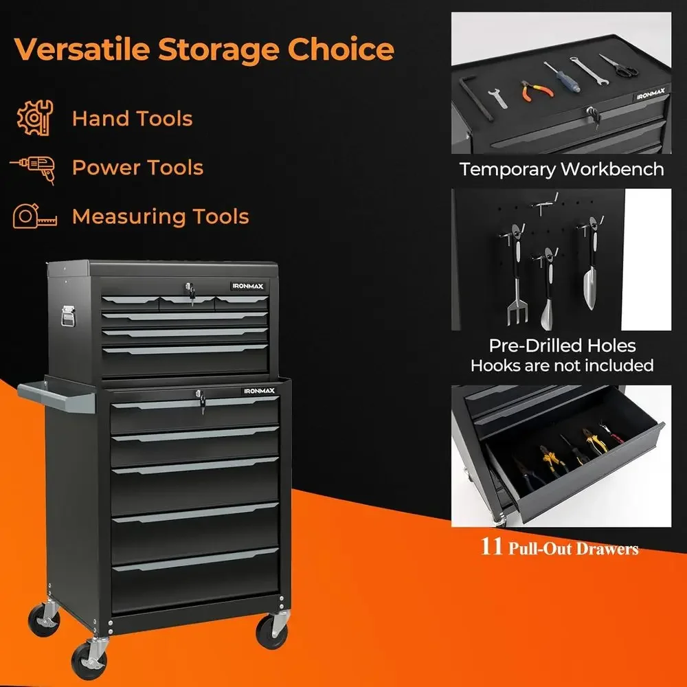 11-Drawer Heavy-Duty Tool Storage Cabinet with Hanging Holes, Central Locking, Ball-Bearing Slides & Lockable Wheels for Garage