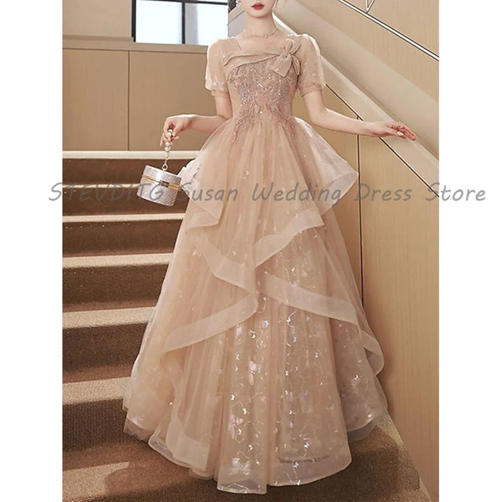 

Champange Evening Dresses Short Sleeves A Line Banquet Celebrity Formal Situation Tiered Alliques Female Gowns Sequins Shine