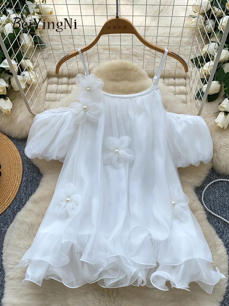 

Beiyingni 2025 Spring Fall Women Blouses Shirts Sweet Luxury Beading 3D Flowers Spaghetti Strap Blusas Casual Ruffles Fairy Top