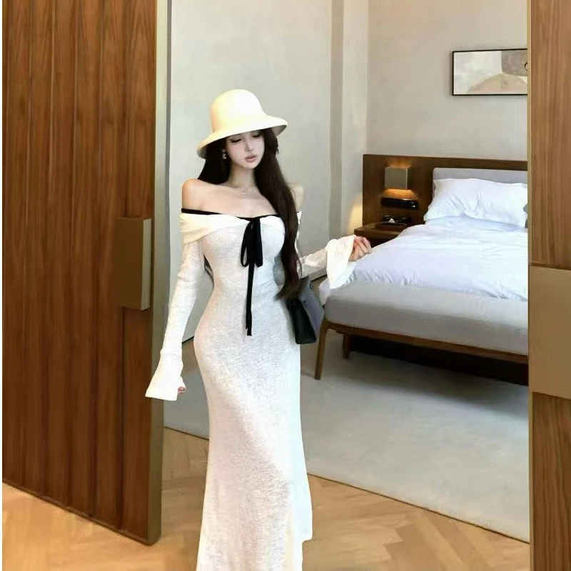 Robe longue asymétrique à manches longues et couleur contrastante pour femme, coupe ajustée, taille haute, style décontracté, automne