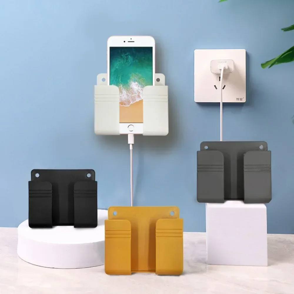 Wall Mounted Phone Holder IPhone Punch Free Wall Mobile Phone Charging Stand Lazy Sticky Remote Control Storage Box Bracket