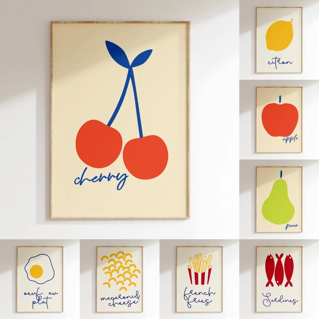 Moderner minimalistischer Wandkunstdruck, Obst, Lebensmittel, Getränke, Leinwandgemälde, Stabfiguren, Poster, Esszimmer, Küche, Dekor