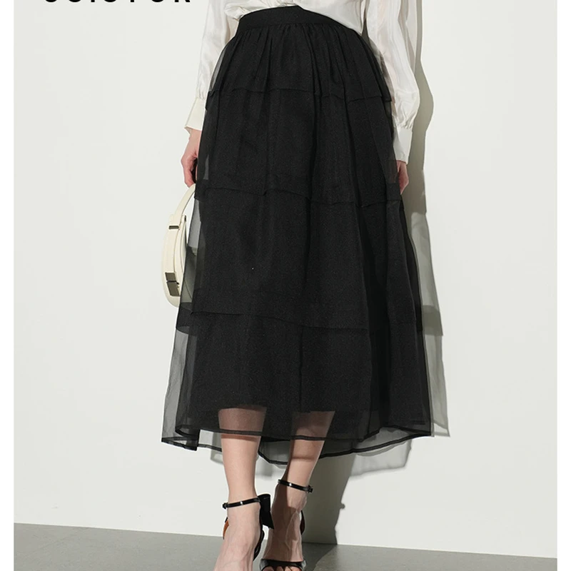 2025 New Arrival Summer Women Loose Casual Striped Patchwork A-line Skirt Good Quality High Waist Mid-calf Organza Skirts T14